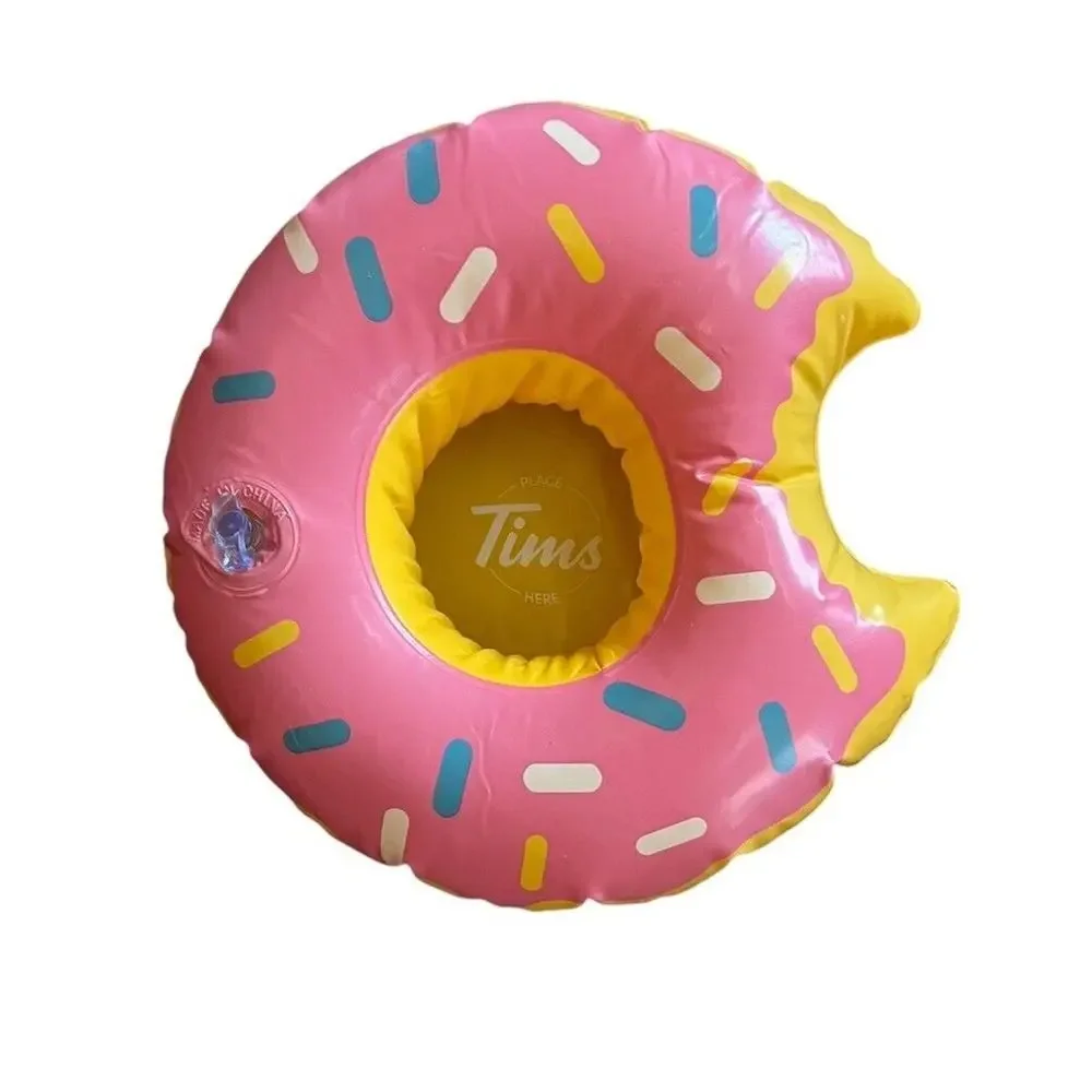 Tim Hortons Large Beach Pool Bath Towel With Inflatable Drink Holder Donut READ